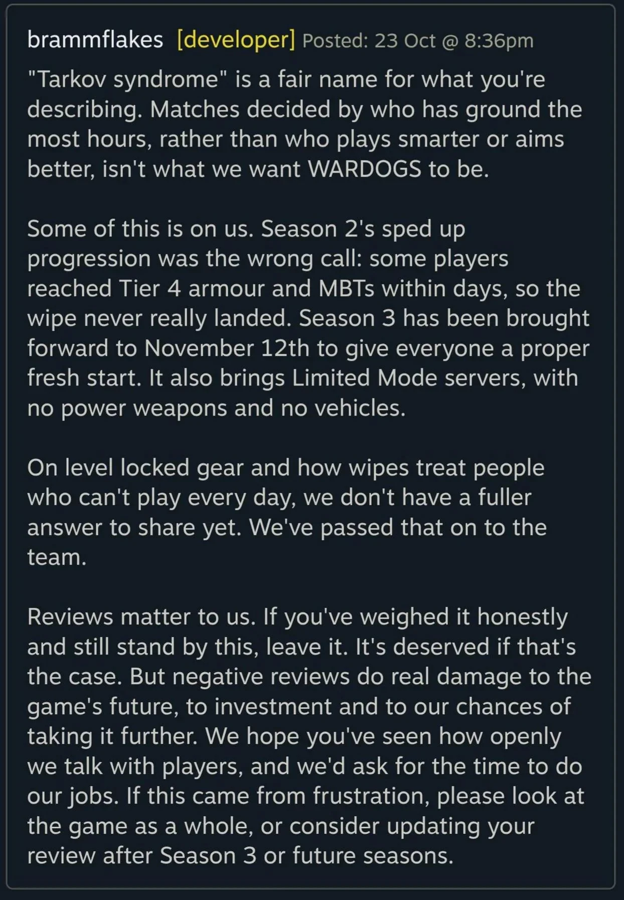 Original reply on Steam (screenshot) – click to enlarge