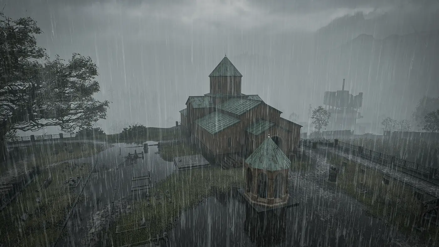 Regen über einer Kirche